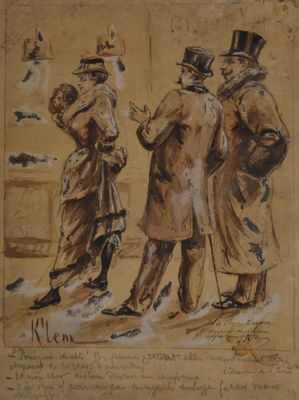 dessin représentant trois hommes en haut-de-forme et queue, debout les uns à côté des autres