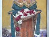 painting of a saint holding a basket of flowers in front of a cross