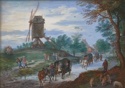 un tableau représentant un groupe de personnes à cheval sur une route