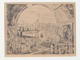 an old drawing of a train in a train station with people standing around it