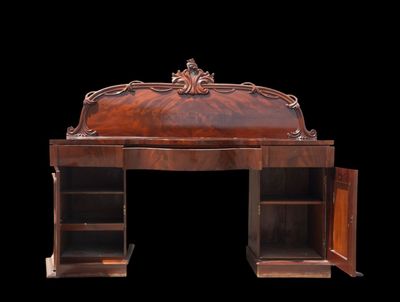 an antique desk with a wooden top and open doors