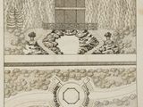 un vieux dessin représentant un jardin avec un belvédère entouré d'arbres