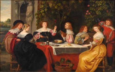 tableau représentant un groupe de personnes assises autour d'une table dans un jardin