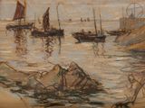 a painting of a group of boats in the water