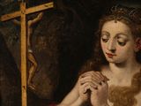 an image of a painting of a woman praying in a cave