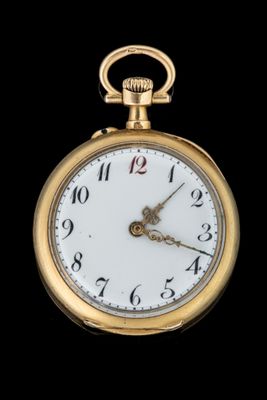 gros plan d'une montre de poche en or sur fond noir