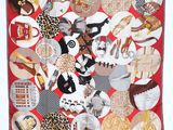 an image of a red and white scarf with many different items