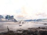 une peinture d'un voilier sur l'eau près de rochers