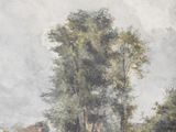 a painting of cows grazing in a field with trees