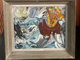 une peinture représentant un homme dans un bateau sur l'eau