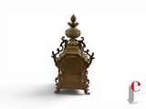 a clock that is sitting on a stand on a white surface