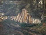 a picture of a painting of sheep on the side of a road