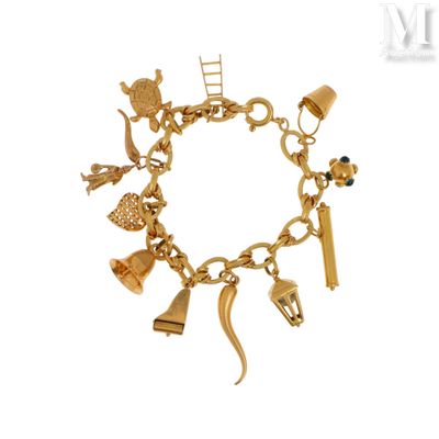 an image of a gold bracelet with various charms on a white background