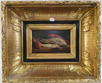 une peinture à l'huile représentant un poisson mort posé sur une table, dans un cadre doré