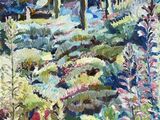 an oil painting of a garden with lots of flowers and trees