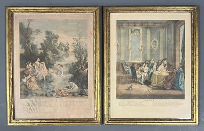 two framed pictures of a couple of paintings on a wall