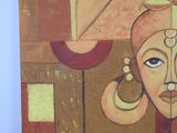 painting of a woman ' s face with ear rings on a brown and orange background