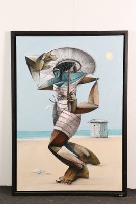 tableau représentant une femme tenant un parapluie sur la plage