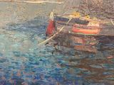 a painting of a boat in the water with a sky background