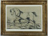 un dessin représentant un cheval tirant une charrue dans un champ