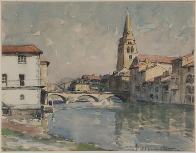 une aquarelle représentant une rivière, avec des bâtiments et une tour horloge en arrière-plan