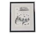 framed black and white drawing of a group of people riding horses in the rain