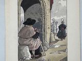 a drawing of a man sitting on a toilet in front of a building