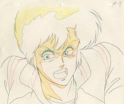 dessin représentant un jeune homme aux cheveux blonds et aux yeux bleus, vêtu d'une chemise blanche