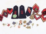 several badges and insignias are laid out on a white surface