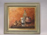 tableau représentant une nature morte avec une bouteille de vin et trois chiots