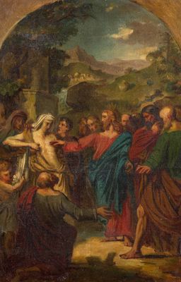 une peinture à l'huile représentant un groupe de personnes rassemblées autour d'un homme sur une croix