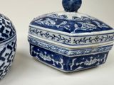 two blue and white bowls with lids on a table