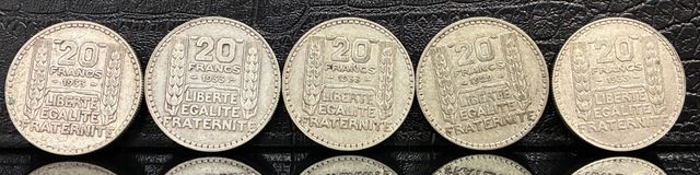 5 pièces monnaie de 20 francs Turin en argent. Poids : 99,82gr