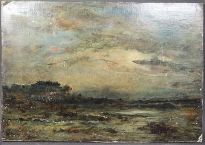 l'image d'un tableau représentant un paysage avec une rivière au premier plan