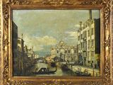 une peinture à l'huile représentant un canal avec des bateaux et des bâtiments en arrière-plan