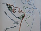 a drawing of a woman with a hat on her head