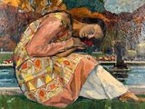 une peinture à l'huile représentant une femme assise sur un banc devant une fontaine