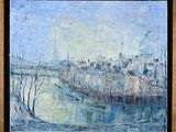 an oil painting of a view of a city from the water