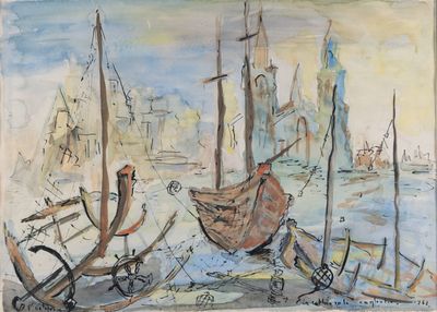a painting of a boat in the water with other boats in the background
