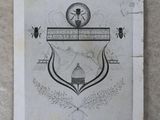 une image en noir et blanc représentant un blason sur lequel figure une horloge