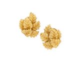 a pair of gold earrings with leaves on them on a white background