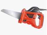 an orange and black hand saw with a black handle on a white background