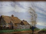 tableau représentant un homme marchant sur un chemin de terre, devant une maison au toit de chaume