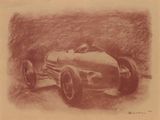 dessin d'une voiture de course ancienne sur papier aux tons sépia