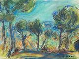 painting of a landscape with trees and a bench in the foreground