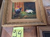a picture of a rooster and a chicken in a barn