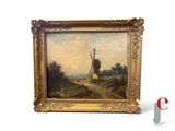 an oil painting of a windmill on a hill with a man walking by