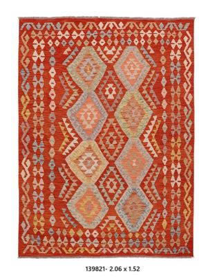 Kilim Afghan en laine couleur couleur rouge et beige 206 x 1…