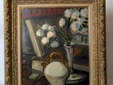 a picture of a painting of a vase of flowers on a table