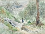 un tableau représentant une femme marchant sur un sentier dans les bois